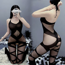 Load image into Gallery viewer, Sexy lingerie sexy mesh transparent suit halter cross binding pattern one-piece stockings open crotch free off 8160
