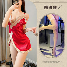 Load image into Gallery viewer, New sexy lingerie Ice Silk sexy nightdress lace slit seductive suspender dress backless breast-breaking home wear