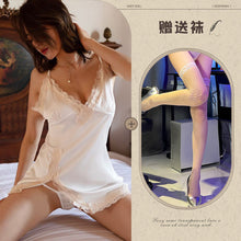 Load image into Gallery viewer, New sexy lingerie Ice Silk sexy nightdress lace slit seductive suspender dress backless breast-breaking home wear