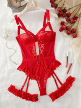 Load image into Gallery viewer, Red Floral Lace Garter Lingerie Set With Choker Women Intimates 2022 Underwire Bra And Thongs Ladies Underwear Set