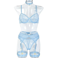 Load image into Gallery viewer, 3pcs Ladies Sexy Solid Sensual Lingerie Set Mesh Underwear Women Push Up Bra Garters Brief Sets Transparent Blue Bra