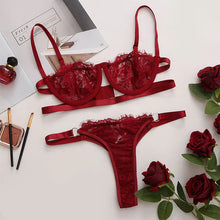 Load image into Gallery viewer, 2 Pieces Sexy Lingerie Fancy Lace Erotic Set Transparent Underwear Fairy Embroidery Brief Sets Delicate Bra Push Up Breves Kit