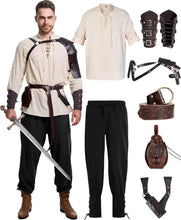 Load image into Gallery viewer, 8 Pcs Men's Renaissance Costume Halloween Medieval Pirate Shirt Pant Viking Costume Accessories Set