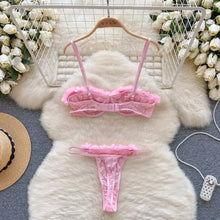 Load image into Gallery viewer, New Sensual Mesh Lace Lingerie Three Pieces Sets Women Floral Strap Mini Bra+Thongs Hollow Out Sexy Underwear Suits