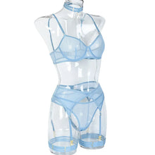 Load image into Gallery viewer, 3pcs Ladies Sexy Solid Sensual Lingerie Set Mesh Underwear Women Push Up Bra Garters Brief Sets Transparent Blue Bra