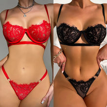 Load image into Gallery viewer, 2 Pieces Sexy Lingerie Fancy Lace Erotic Set Transparent Underwear Fairy Embroidery Brief Sets Delicate Bra Push Up Breves Kit
