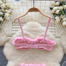 Load image into Gallery viewer, New Sensual Mesh Lace Lingerie Three Pieces Sets Women Floral Strap Mini Bra+Thongs Hollow Out Sexy Underwear Suits