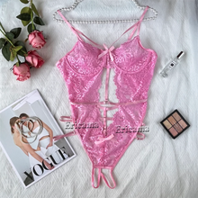 Load image into Gallery viewer, Lingerie Set Backless Women Sheer Floral Lace Strappy Bodysuits Erotic Fancy Sexy Underwear Sexy Flower Jumpsuits Exotic Apparel
