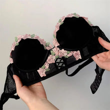 Load image into Gallery viewer, Black Mesh Embroidery Lingerie Set for Women Sexy Seamless Bras and Panty Set 2 Piece No Wire Bralette Mujer Lenceria Para Damas