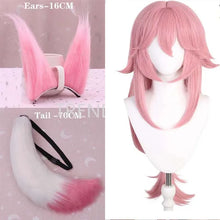 Load image into Gallery viewer, Yae Miko Plush Tail Ear Wig Pink Fox Handmade Cosplay Props Pink Fox Ears Tail Wig