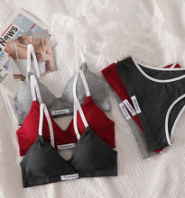 Load image into Gallery viewer, Women Cotton Bra Set Sexy Briefs Low Waist Panties Wire Free Bralette Sport Lingerie Vneck Brassiere Female Underwear Set