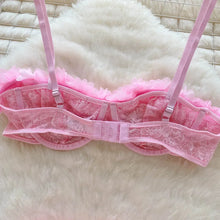 Load image into Gallery viewer, New Sensual Mesh Lace Lingerie Three Pieces Sets Women Floral Strap Mini Bra+Thongs Hollow Out Sexy Underwear Suits