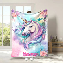 Load image into Gallery viewer, (Memo U Name) Customized Name Personalized Blanket Cartoon Unicorn Print Warm and Comfortable Blanket for Adults and Kids Gifts