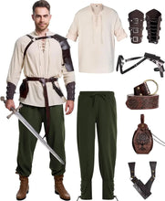Load image into Gallery viewer, 8 Pcs Men's Renaissance Costume Halloween Medieval Pirate Shirt Pant Viking Costume Accessories Set