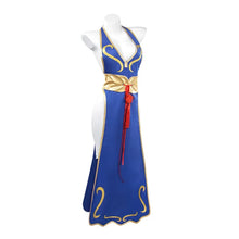 Load image into Gallery viewer, Cosplay Dress Blue Halter Neck High Slit Cheongsam Feminine Halter Neck Street Fighter Game Costume Halloween