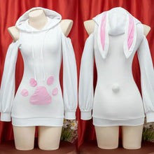 Load image into Gallery viewer, Anime Bunny Girl Cosplay Costumes Women Kawaii White Plush Hooded Bodysuit Cute Rabbit Ears Pajamas Sexy Shoulder Hoodies Dress
