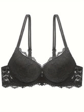 Load image into Gallery viewer, Lace Mesh Hollow Everyday Bra, Comfort & Mature Double Strap Thick Cup Push Up Intimates Bra, Women's Lingerie & Underwear