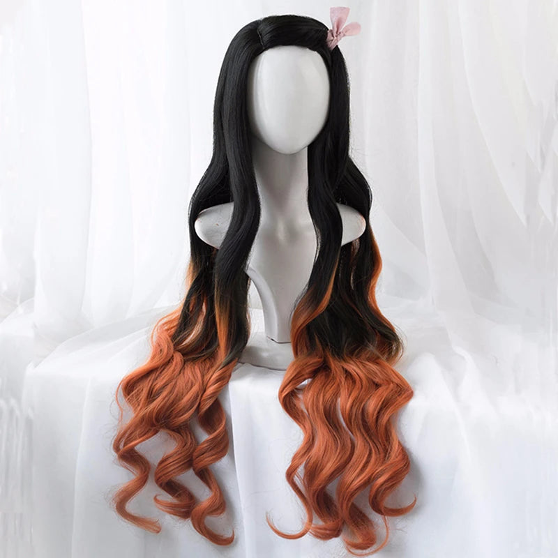Kamado Nezuko Wig Nezuko Cosplay 95cm Gradient Long Hair Accessories Heat Resistant Synthetic Wig