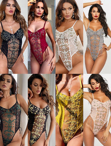 Ellolace Floral Embroidery Bodysuit Women Lace Up Bandage Bodies Sexy Sleeveless Bodycon Transparent Lingerie Mesh Bodysuits Top