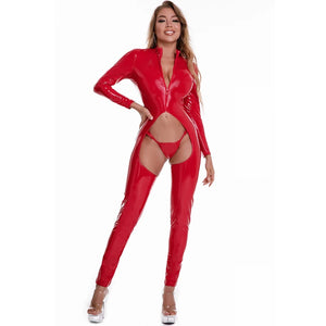 Shiny PVC Open Crotch Jumpsuits Women Sexy Hollow Out Erotic Bodysuit Latex Crotchless Rompers Porn Club Faux Leather Catsuit