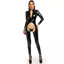 Load image into Gallery viewer, Wet Look Open Crotch PVC Jumpsuits Women Sexy Hollow Out Erotic Bodysuit Latex Crotchless Rompers Porn Club Faux Leather Catsuit
