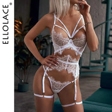 Load image into Gallery viewer, Ellolace Erotic Lingerie Sexy Underwear Lace Hollow Out Transparent Exotic Sets Sensual Underwire Bra and Panty Set with Garters
