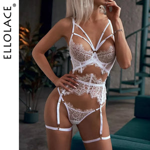 Ellolace Erotic Lingerie Sexy Underwear Lace Hollow Out Transparent Exotic Sets Sensual Underwire Bra and Panty Set with Garters