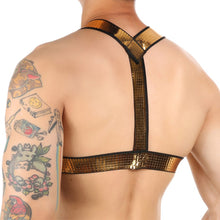 Load image into Gallery viewer, CLEVER-MENMODE Body Harness Men Bondage Fetish Chest Harness Sexy Golden Wide Shoulder Night Elastic Muscle Belt Rave Costume
