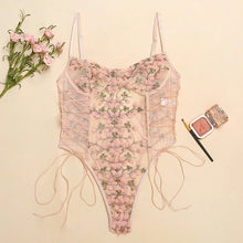 Load image into Gallery viewer, Ellolace Floral Embroidery Bodysuit Women Lace Up Bandage Bodies Sexy Sleeveless Bodycon Transparent Lingerie Mesh Bodysuits Top
