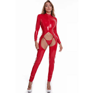 Shiny PVC Open Crotch Jumpsuits Women Sexy Hollow Out Erotic Bodysuit Latex Crotchless Rompers Porn Club Faux Leather Catsuit