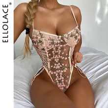 Load image into Gallery viewer, Ellolace Floral Embroidery Bodysuit Women Lace Up Bandage Bodies Sexy Sleeveless Bodycon Transparent Lingerie Mesh Bodysuits Top
