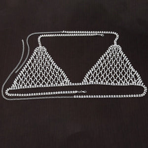 Stonefans Boho Rhinestone Grid Chest Chain and Thong Jewellery Lingerie Panties Women's Harness Bra Sexy Mesh Bodies Accessories