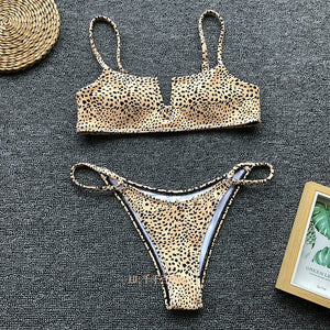 Bra Thong Bikini Split Swimsuit European and American Leopard Print Bikinis Split Swimsuit Women's Swimsuit