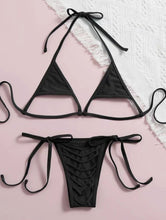 Load image into Gallery viewer, European and American Gyaru Three-Point Bikinis Black Lace-up Hanging Neck Triangle Bag Hollow out Swimsuit Women Thong Bikini
