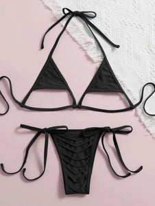 European and American Gyaru Three-Point Bikinis Black Lace-up Hanging Neck Triangle Bag Hollow out Swimsuit Women Thong Bikini