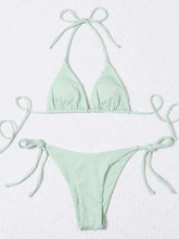 Load image into Gallery viewer, Lace-up Hanging Neck Three-Point Bikinis Pure Ribbon Chest Pad Triangle Bag Swimsuit European and American Sexy Thong Bikini
