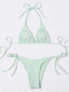 Lace-up Hanging Neck Three-Point Bikinis Pure Ribbon Chest Pad Triangle Bag Swimsuit European and American Sexy Thong Bikini