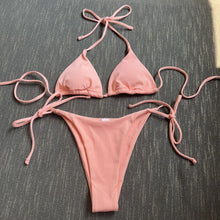 Load image into Gallery viewer, Lace-up Hanging Neck Three-Point Bikinis Pure Ribbon Chest Pad Triangle Bag Swimsuit European and American Sexy Thong Bikini
