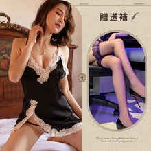 Load image into Gallery viewer, New sexy lingerie Ice Silk sexy nightdress lace slit seductive suspender dress backless breast-breaking home wear
