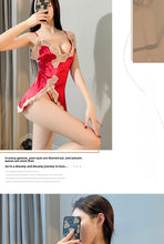 Load image into Gallery viewer, New sexy lingerie Ice Silk sexy nightdress lace slit seductive suspender dress backless breast-breaking home wear
