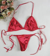 Load image into Gallery viewer, Shiny Two-Piece Swimsuit Sexy Light Exposure No Longer Small Bikini Three-Point Lace-up Bra T-Back Suit
