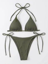 Load image into Gallery viewer, Lace-up Hanging Neck Three-Point Bikinis Pure Ribbon Chest Pad Triangle Bag Swimsuit European and American Sexy Thong Bikini
