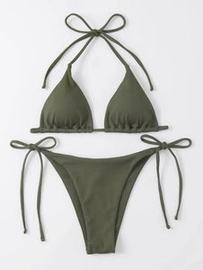 Lace-up Hanging Neck Three-Point Bikinis Pure Ribbon Chest Pad Triangle Bag Swimsuit European and American Sexy Thong Bikini