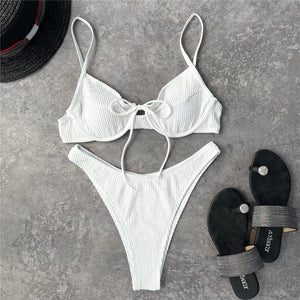 2021 European and American Foreign Trade Split Swimsuit Solid Underwire Push up White String bikini T Shaped Swimsuit Bikini