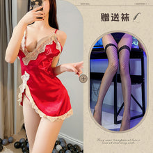 Load image into Gallery viewer, New sexy lingerie Ice Silk sexy nightdress lace slit seductive suspender dress backless breast-breaking home wear
