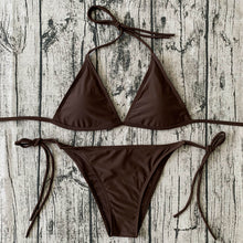 Load image into Gallery viewer, Fashion New Swimwear Women&#39;s Sexy Triangle Bikini Small Chest Strap Three-Point Wine Reddish Black Coffee Color Bikini
