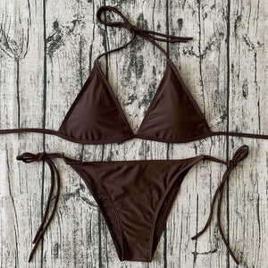 Fashion New Swimwear Women's Sexy Triangle Bikini Small Chest Strap Three-Point Wine Reddish Black Coffee Color Bikini