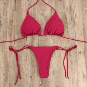 European and American New Bikinis Solid Lace-up Thong Hot Sale Multi-Color Sexy Swimsuit Women Split Bikini