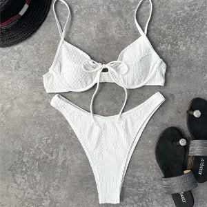 2021 European and American Foreign Trade Split Swimsuit Solid Underwire Push up White String bikini T Shaped Swimsuit Bikini