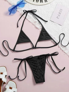 European and American Gyaru Three-Point Bikinis Black Lace-up Hanging Neck Triangle Bag Hollow out Swimsuit Women Thong Bikini